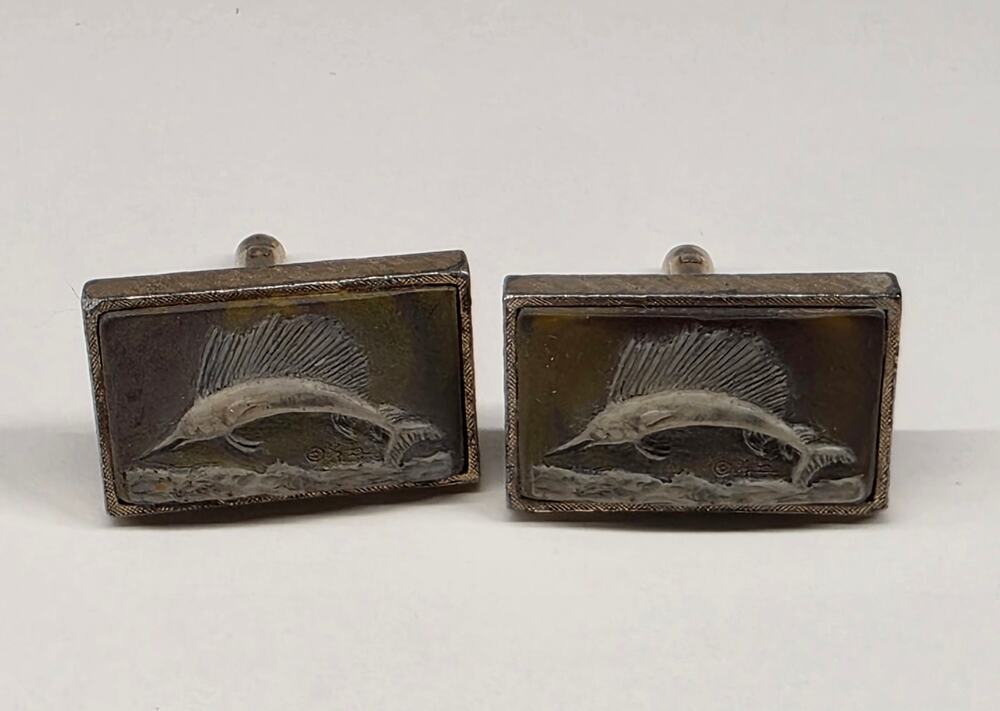 Vintage Dante Sailfish Scene Hand Engraved Silver Tone Cufflinks 1" Signed Pair
